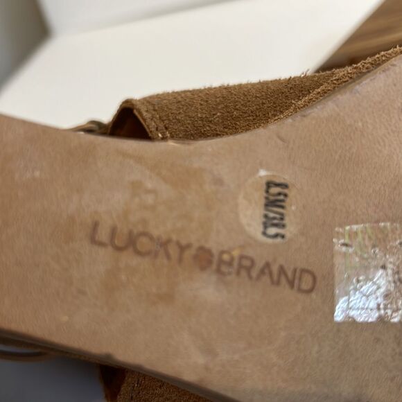 Lucky Brand Reevas Peep Toe Wedge Camel Suede Booties Size 8.5 - Picture 7 of 14